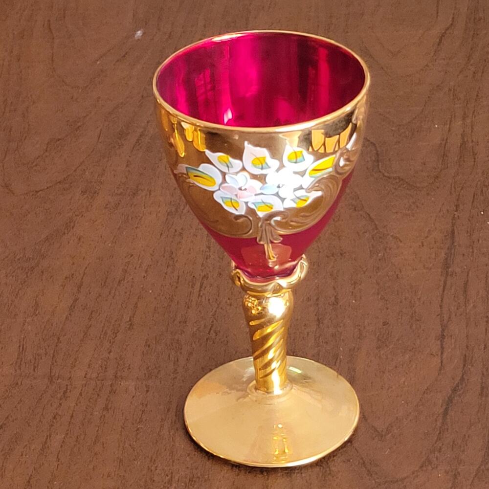 Vtg Venetian style ruby red glass goblet gold gilding enamel flowers Fuochi